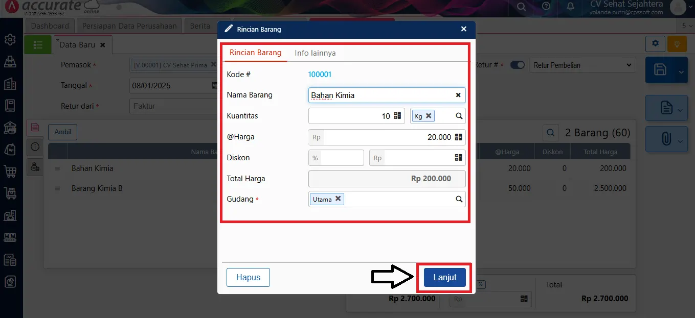 membuat retur pembelian sebagian